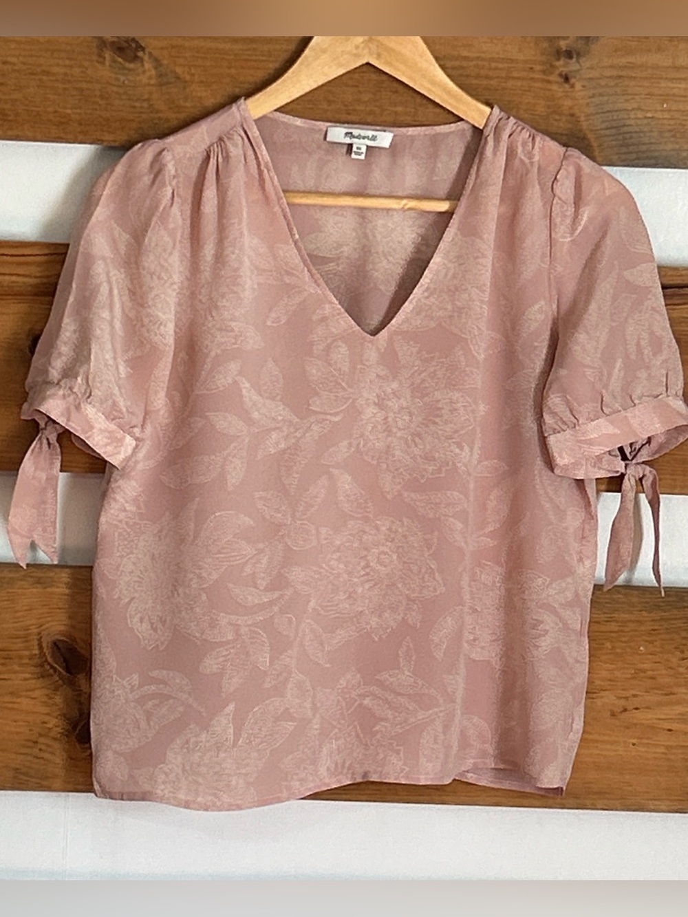 Madewell Pastel Pink Short Sleeve w/Tie Accents White Floral Pattern Size XS
